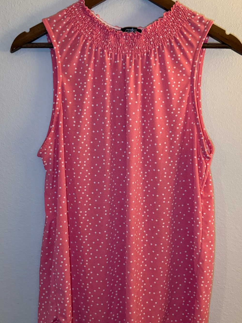Sleeveless Smocked Neck Pink Polka Dot Blouse
